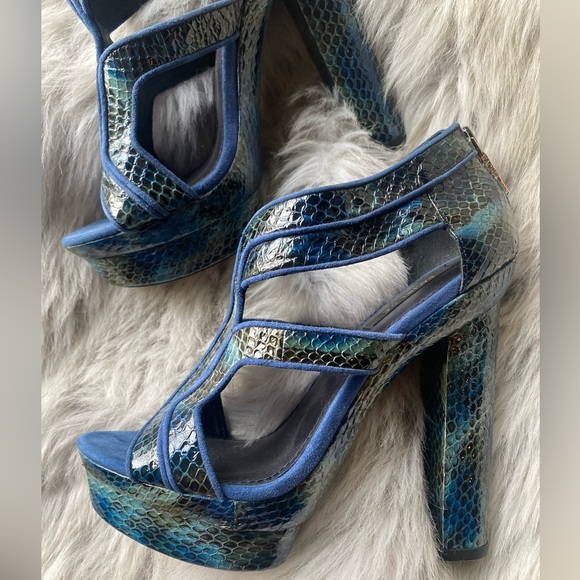 Rachel Zoe teal platform python snakeskin block heel zipper sky high heel 2000s - Picture 12 of 13